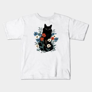 Cute black cat in the garden Kids T-Shirt